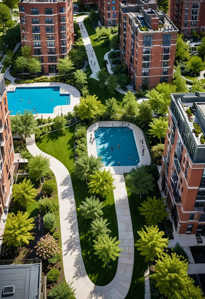 An artistic aerial view of a scenic urban area with diverse apartment buildings ranging from modern high-rises to quaint, charming brownstones. The image should showcase various community amenities like parks, swimming pools, and walking paths. Ensure there are people of all ages enjoying these spaces, depicting a vibrant and inclusive community life. Add touches of greenery and seasonal flowers for an inviting feel. super-realistic. vibrant colors. panoramic view.