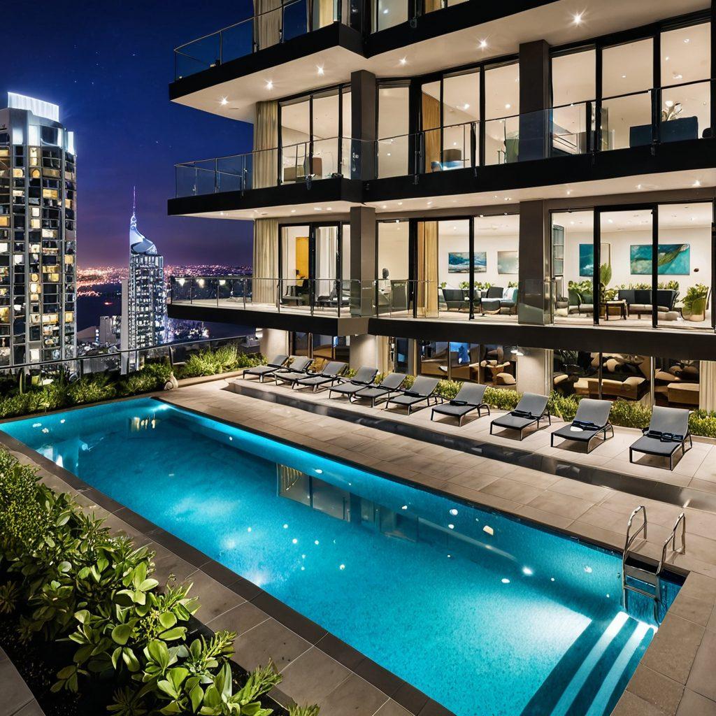 A stunning high-rise apartment building with floor-to-ceiling windows offering breathtaking cityscape views, a rooftop garden with happy residents socializing, and various amenities like a modern gym and a sparkling swimming pool. The scene exudes a sense of luxury, diversity, and community living. Super-realistic. Vibrant colors. Dynamic and inviting atmosphere.